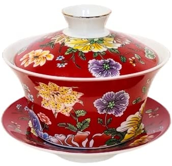 KOPYFANTAP Gaiwan 300ml, Chinesische Teetasse Porzellan mit Deckel, Traditionell Kung Fu Teebecher Keramik, Rot