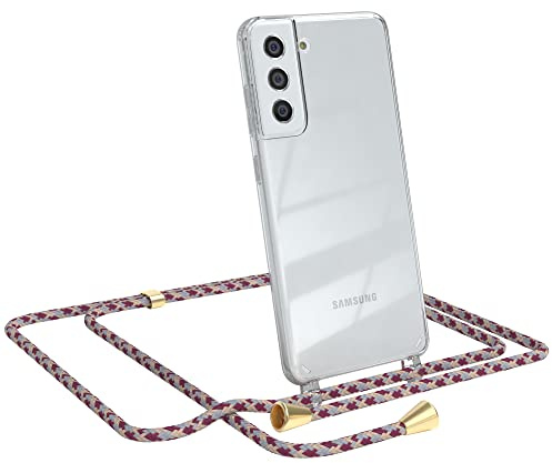 EAZY CASE Handykette kompatibel mit Samsung Galaxy S21 FE 5G Handyhülle mit Umhängeband, Handykordel mit Schutzhülle, Silikonhülle, Hülle, Stylische Kette für Smartphone, Bordeaux Camouflage