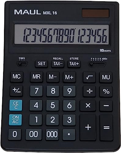 MAUL Kaufmännischer Taschenrechner MXL16, mit 16 Stellen, inkl. Steuerberechnung, groß: 20, 5x15, 5 cm, angewinkeltes Display, Profi-Tischrechner, Solar/Batterie, Schwarz
