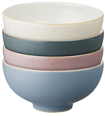 Denby - Impression Mixed Colour Rice Bowls Set of 4 - Dishwasher Microwave Safe Crockery - Blue, Pink, Cream, Black Ceramic Stoneware Tableware