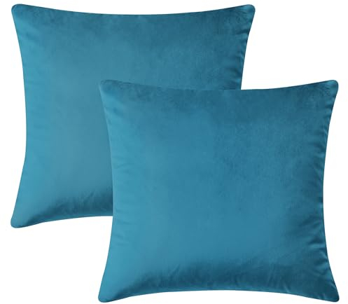 Hafaa Samt-Kissenbezüge, dekorativ, quadratisch, für Sofa, Schlafzimmer, Couch, 45 x 45 cm, Blaugrün, 2 Stück