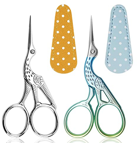 Stickschere Klein, Fadenschere Klein Handarbeitsschere Edelstahl NäHschere Stoffschere Scharf Schere Stoffschere Klein mit Pu-Schutzhülle (Storch)