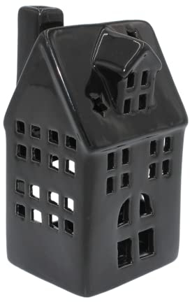 Dekohelden24 Windlichthaus/Lichthaus aus Porzellan in schwarz, Größe L/B/H ca. 6 x 7 x 13,5 cm