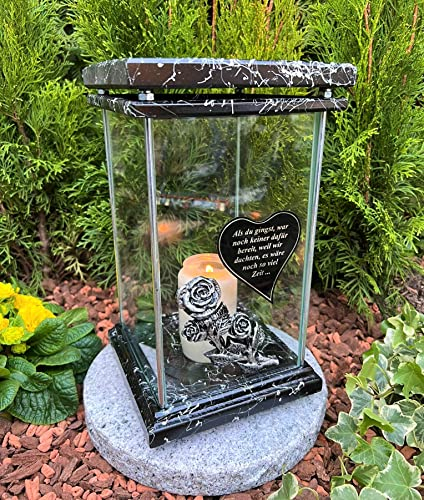 Grablampe Grablicht Silber Marmor NEU Laterne mit Spruch 30 cm H. - Grablampe Kerze Grabkerze Grabdekoration inkl. Kerze