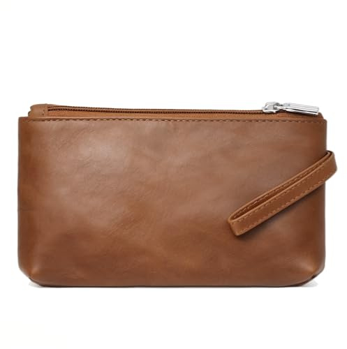 BAWAKO Portefeuille en cuir véritable avec deux compartiments zippés, porte-monnaie pour homme et femme, marron clair, L, Classique