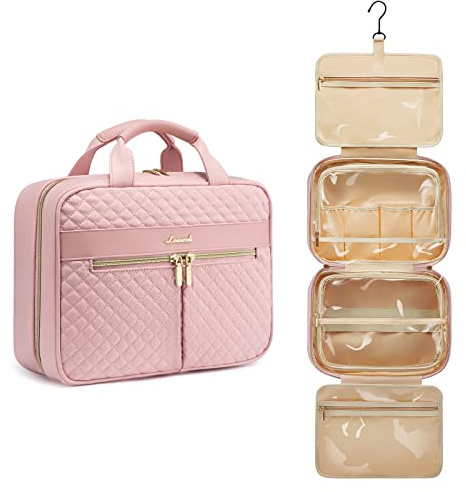 LOVEVOOK Large Toiletry Bag for Women, Toiletries Makeup Bags with Hook, Hanging Travel Wash Bag, Waterproof Cosmetic Organizer Ladies for Full Sized Container Vacation Essentials, Rose