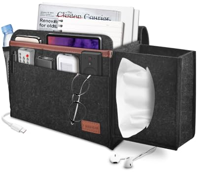 ERKOON Betttasche Bett Organizer EinhäNgen, Betttasche Zum EinhäNgen Dickerem Filz Rutschfeste Mit Schnalle Baby Kinder Fernbedienungshalter Sofa Bedside Hanging Storage Organizer (SchwarzGrau)