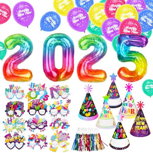 HOWAF Decorazioni Capodanno 2026 Palloncini Happy New Year Palloncino di Alluminio, Cappellini, Occhiali di Carta, Trombette, Foto Props Buon Anno Nuovo per Addobbi Capodanno 2026 Gadget, Multicolore