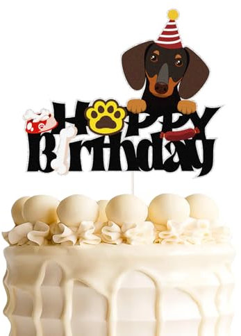 Dog Happy Birthday Cake Topper,Cute Puppy Pet Themed Bday Party Cake Decor,Dachshund Puppy Theme Kids Birthday Party Decorations