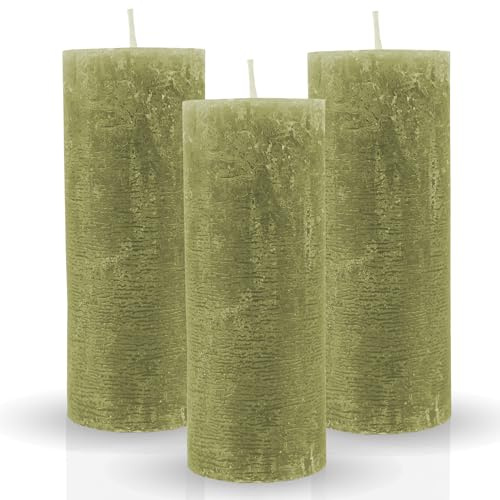 Bestgoodies Rustikale Stumpenkerze 3er-Pack Olive vers. Farben/Größen - Lange Brenndauer Antik Kerze, Duftfreie Altarkerze - Dekokerze, Adventskerze