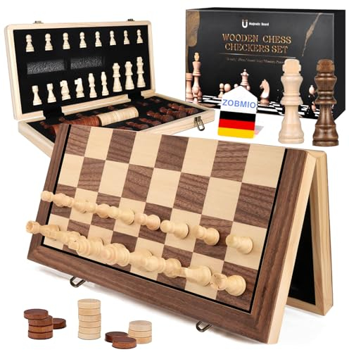 ZOBMIO Tragbare Schach Klappbar, Holzschachspiel für Erwachsene, Tragbares Schachbrett Faltbares magnetisches Schachspiel Brettspiel für Kinder Anfänger Reisen Schachfigurenset