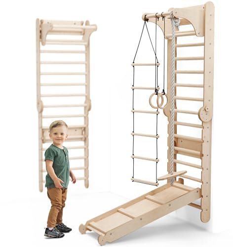 6-in-1 Wooden Swedish Wall & Slide Set – Versatile Indoor Climbing Frame for Kids, Includes Ladder, Slide Board, Monkey Bars and art addition – For Ages 2-12