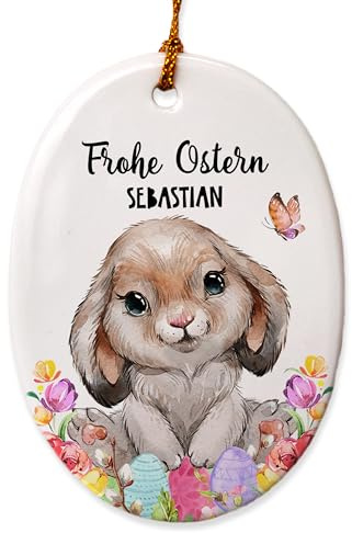 FEENSTAUB Osterdeko, Osterschmuck zum Aufhängen, personalisierter Anhänger mit Name und Wunschtext, Ostern Deko Osterhase, Anhänger aus Keramik für Ostern personalisiert