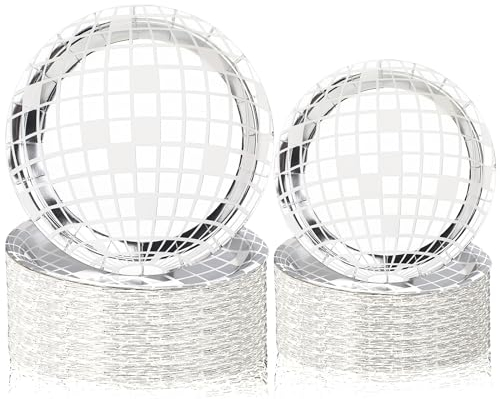 miikoul 50 Pieces Disco Paper Plates Silver Foil Disposable Plates 70s Disco Party Supplies Bachelorette Plates Disco Ball Dessert Dinner Plates for Birthday 70s Disco Party Wedding(7,9)