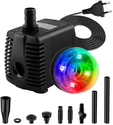 NATPOW Mini Bomba de Agua con LED Luces, 15W/850L/H Bombas de Agua Sumergible con 3 colores que cambian con 3 boquillas, 800 l/h 15 W, bomba de agua para acuario, estanque, fuente, mascotas