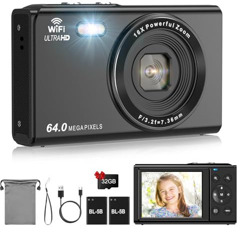 Digital Camera, LAMA Upgraded 4K FHD 64MP Kids Vlogging Camera with 32GB SD Card, 16X Digital Zoom Compact Camera with 2 Batteries, 2.8 LCD Screen Mini Camera for Kids, Boys, Girls Black