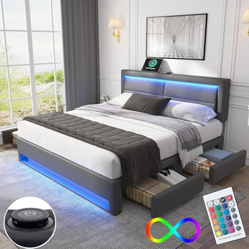 Lit 140 x 190 avec Sommier LED et USB, Coffre 4 Tiroirs, Tête de Lit, Double à Lattes 2 Personnes, Rembourré Cadre (Sans Matelas)