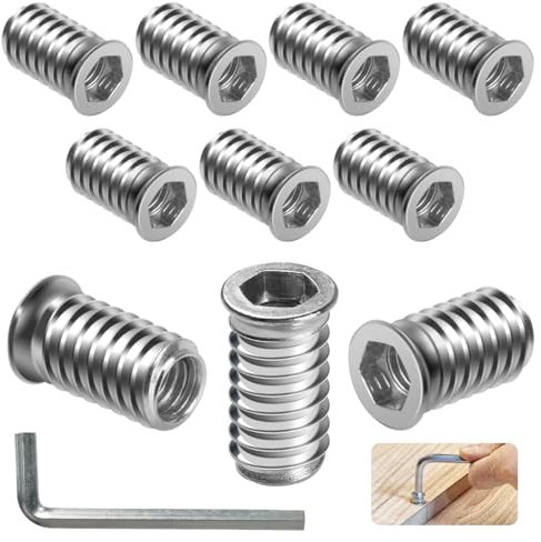 BOUMVID Insert Fileté Bois M8 x 20mm, 10 Pièces Douille Filetée Visser Écrous à Bois Acier au Carbone Zinc Intérieur Manchons a Visse Vis Tête, Inserts D'écrou Ecrou Hexagonal pour Meubles en Bois