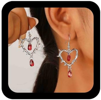 Cybche Thorn Heart Dangle Earrings Silver Hollow Heart Earrings Gothic Thorn Heart Earrings Red Teardrop Crystal Earrings Barbed Wire Dangling Earrings Jewelry for Women