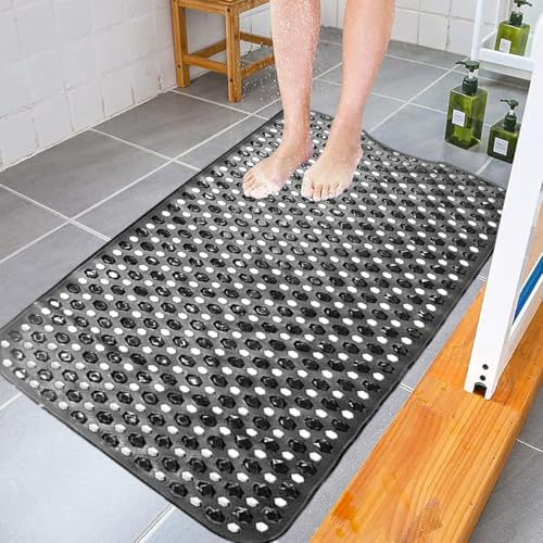 Non Slip Bath Mat - Extra Long Anti Mould Rubber Shower Mat - Machine Washable Bathroom Floor Mats with Strong Suction Cup - Black - 40 x 70 cm