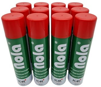NOLA Lot de 12 bouteilles de gaz butane universel pour briquets et chalumeaux à flamme - 300 ml - Gaz butane à recharger - Gaz butane de qualité supérieure - Idéal pour tous les modèles de briquets