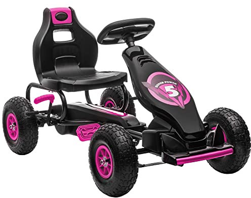 HOMCOM Gokart, Kinderfahrzeug mit verstellbarem Sitz, Tretfahrzeug mit Gummireifen, Pedal und Handbremse, Kettcar für 5-12 Jahre Kinder, Outdoor, Rosa