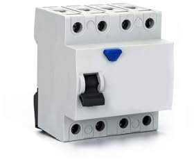 Disyuntor diferencial 4P 63A 30mA CA, gris, protección contra sobrecargas y cortocircuitos en instalaciones eléctricas.