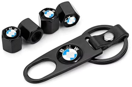 Auto Rad Reifen Ventilkappen mit Schlüsselanhänger Schlüsselring Abzeichen für BMW 5 Series F10+F11 2010-2017, Auto Reifen Entilschaftkappe Metall Ventildeckel,C-Black