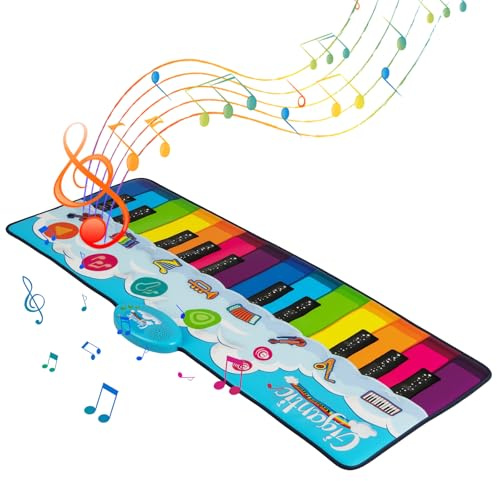 GYMAX Kids Piano Mat, Large Musical Dance Playmat with 8 Instrument Sounds, Colorful Piano Keyboard, Built-in Music, Recording & Playback Function, Toddler Floor Keyboard Mat for Girls Boys (120x47cm)