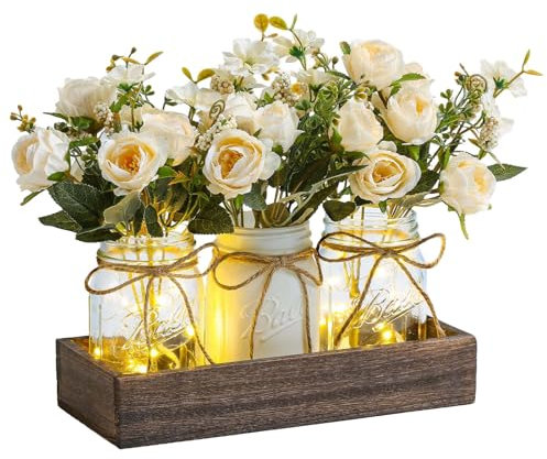 Tarro de cristal con tapa central LED Mason Jar de cristal con flores artificiales decoración con bandeja de madera y luz LED, decoración de mesa para comedor, cocina, salón