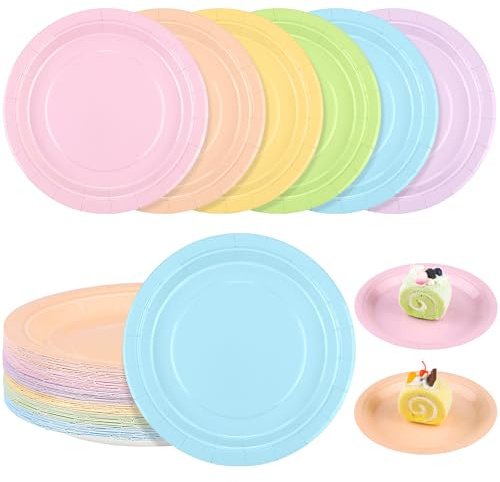 Aodaer Colorful Paper Plates 60 Pcs 7 Party Plates for Dinner and Dessert, Disposable Plate Tableware for DIY Holiday Wedding Birthday Graduation Party Decorations, Macaron-Color (6 Colors)