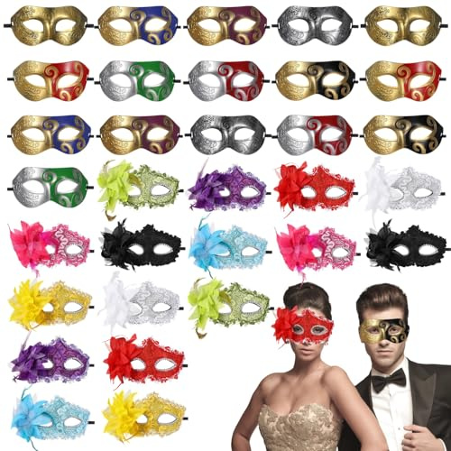 Calolin 32 PCS Couple Masquerade Masks, Elegant Feather & Rhinestone Half Face Masks for Masquerade Ball Carnival Party, Ribbon Straps