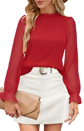 Odosalii Camicetta da donna con volant, colletto alto, elegante, a maniche lunghe, casual, a maniche lunghe, Colore: rosso, XXL