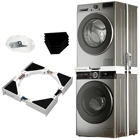 Ideal Swan Universal Washing Machine Stacking Kits – Adjustable Washer Dryer Stacking Kit Fit for 46-66 cm, Space-Saving Tumble Dryer Stacking Frame Kit with Ratchet Strap and Anti Vibration Pads