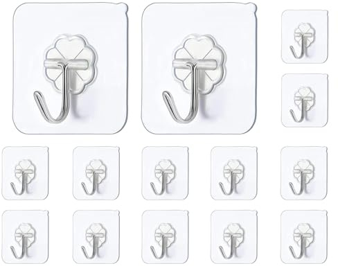 14Pcs Self Adhesive Hooks,Heavy Duty Wall Hooks for Kitchen, Bathroom, Office, Closet, Cloth, Towel, Key, Decorations (13lb)