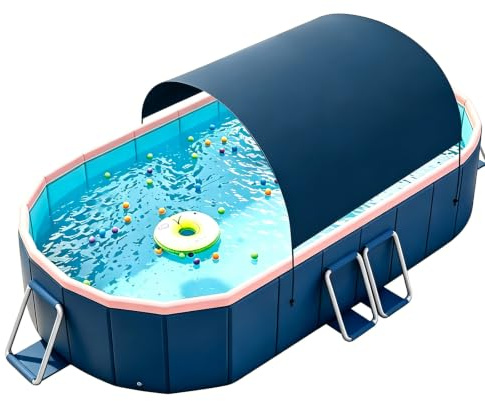 Piscina Desmontable, Piscina Rectangular con Toldo Parasol – No Hinchable, Estructura De Acero, PVC Resistente, Piscina para Perros Grandes para 1-6 Personas, Adultos & Mascotas
