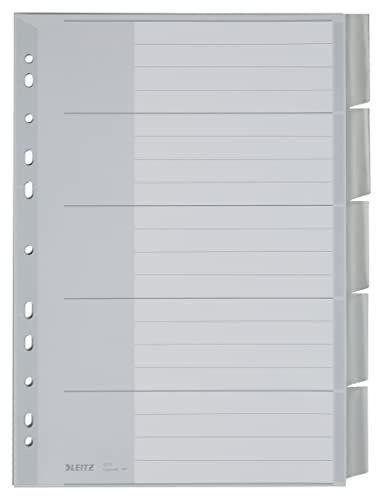Leitz Register für A4, Deckblatt aus Karton und 5 Trennblätter aus Kunststoff, Taben mit auswechselbaren Einsteckschildchen, Grau, 12710085