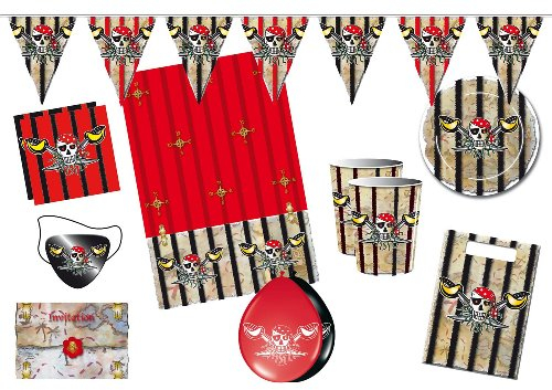 Party Package Red Pirate, plates, cups, table covers, balloons etc all in one pack