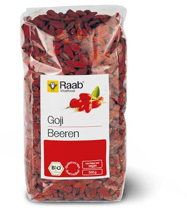 Raab Vitalfood Bio Goji-Beeren, Premium-Qualität, rückstandskontrolliert, laborgeprüft, ungeschwefelt, ohne Zusätze, vegan, reich an natürlichem Eisen Kalium Vitamin C, Wolfsbeere, 1er Pack (500 g)