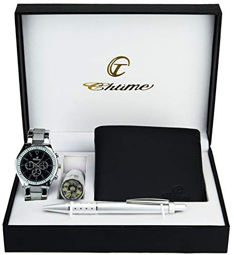 BELLOS Geschenkbox mit Herrenuhr, Schwarz, LED-Lampe – Geldbörse, Eingabestift, Schwarz, 42, Armband, Schwarz, 42, Armband