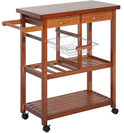 HOMCOM Carrello Portata da Cucina in Legno con 2 Ripiani 84.5x37.2x85cm | Portabottiglie, Cestello, 2 Cassetti, Legno di Pino, Resistente, Agevole, Versatile