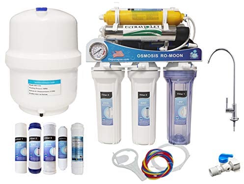 Depuragua - Osmoseur Inverse Moon 7 Étapes | Pompe de Surpression Osmose Inverse | Membrane 75 GPD 300 litres/Jour | Filtre Ultraviolet 6 Watts | Reminéraliseur, Robinet Luxe, Acier Inoxydable