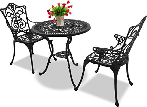 Homeology TABREEZ Garden & Patio Table & 2 Large Chairs with Armrests Cast Aluminium Bistro Set - Black