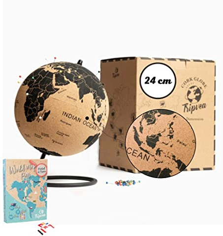 TRIPVEA® Weltkugel aus Kork 24cm + 342 selbstklebende Flaggen zum Einpflanzen - Vintage Globus kork - Dekorative Weltkarte zum Thema Reisen - Ideale Geschenk- und Deko Idee - Höhe = 24 cm