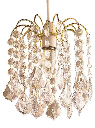 Gold Frame & Clear Acrylic Beads 2 Tier Vintage Easy Fit Waterfall Pendant Light Shade 20cm | None Electric Retro Ceiling Light | Fits E27 B22 E14 B15 Lampholders
