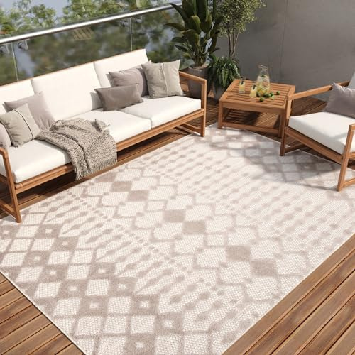 TAPISO Patio Teppich Indoor Outdoor Grau Beige Marokkanisch Gitter Muster Sisaloptik Wetterfest Robust Terrasse Wohnzimmer Balkon ÖKO-TEX 120 x 170 cm