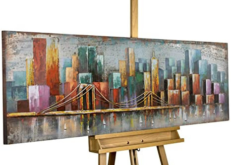 KunstLoft Metallbild 3D | 100% HANDGEFERTIGT | 140x50x4cm | Wandbild Metall Deko 'Bridge the Gap' | Skyline | Bunt Gelb | Metall Wanddeko Wohnzimmer