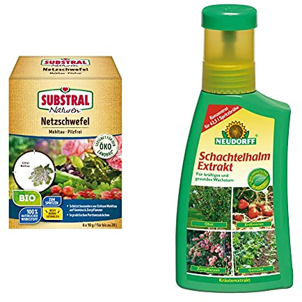 Naturen Bio Netzschwefel Mehltau Pilzfrei, Biologisches Spritzpulver gegen pilzliche Pflanzenkrankheiten an Obst und Zierpflanzen, 6 x 10 g Portionsbeutel & Neudorff 265 Schachtelhalm Extrakt, 250 ml