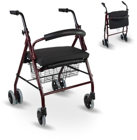 Mobiclinic, Rollator mit viskoelastischem kissen, Prado plus, Aluminium, Druckbremsen, Korb, Sitz, Für stühle und rollatoren, Faltbar leicht, 4 räder, Gehwagen, Bordeaux