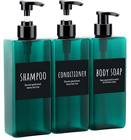 Segbeauty Botella de Bomba Recargable vacía, Botellas de acondicionador de champú de 16.9 oz, Paquete de 3 dispensadores de Bomba de 500 ml con Etiquetas, contenedor de loción, Verde mar Claro